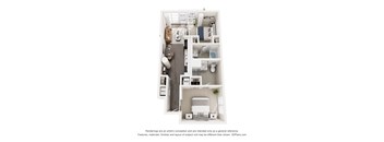 A 3D floor plan of a small apartment with a kitchen, living room, and bathroom.