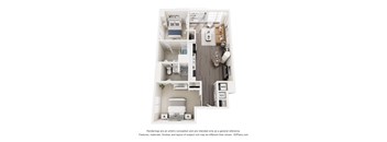 A 3D floor plan of a house with a kitchen, living room, and two bedrooms.