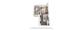 A 3D floor plan of a small apartment with a kitchen, living room, and bathroom.