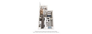 A 3D image of a small apartment layout with a bedroom, a bathroom, and a kitchen.