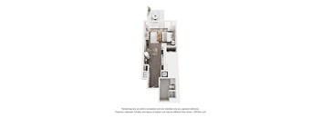 A 3D floor plan of a small apartment with a kitchen, living room, and bathroom.