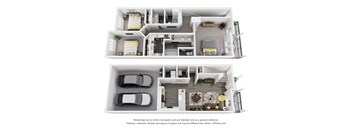 A 3D floor plan of a house with two bedrooms, a living room, a kitchen, a dining room, and a garage.