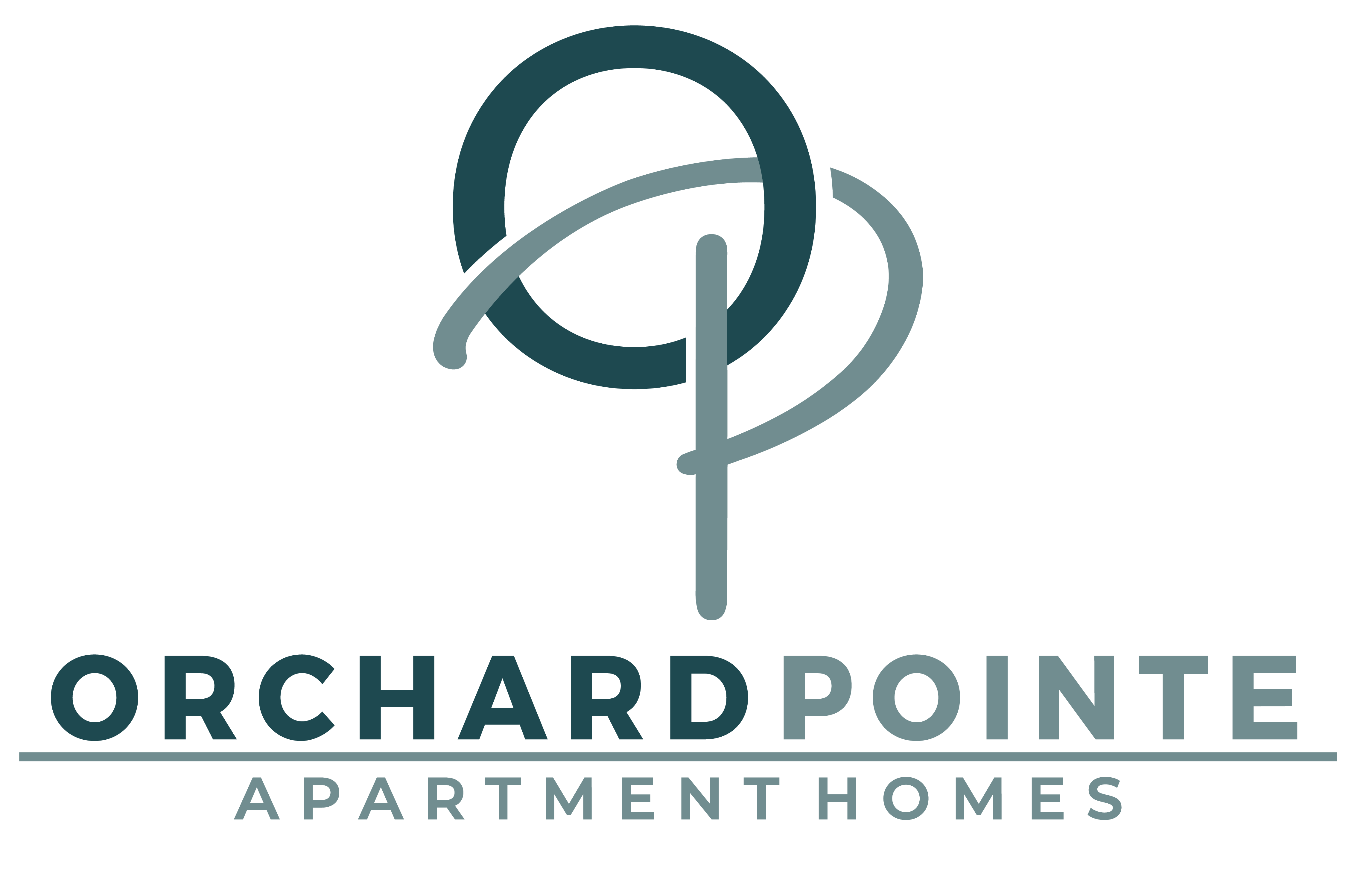 A logo with the text "Orchard Pointe Apartment Homes" in front of a green background.