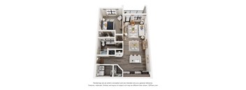 A 3D floor plan of a house with a kitchen, living room, and two bedrooms.