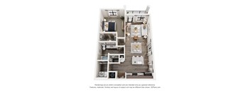 A 3D floor plan of a small apartment with a kitchen, living room, and bedrooms.