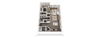 A 3D floor plan of a house with a kitchen, living room, and bathrooms.