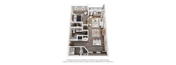 A 3D floor plan of a house with a kitchen, living room, and two bedrooms.