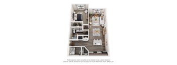 A 3D floor plan of a small apartment with a kitchen, living room, and two bedrooms.