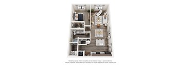 A 3D floor plan of a house with a kitchen, living room, and two bedrooms.