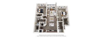 A 3D floor plan of a house with a kitchen, living room, dining room, and two bedrooms.