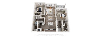 A 3D floor plan of a house with multiple rooms and furniture.