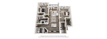 A 3D floor plan of a house with multiple rooms and furniture.