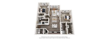 A 3D floor plan of a house with a kitchen, living room, and bedrooms.