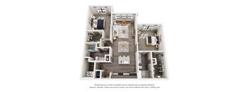 A 3D floor plan of a house with a kitchen, living room, and two bedrooms.