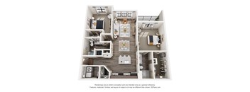 A 3D floor plan of a house with a kitchen, living room, dining room, and bedrooms.