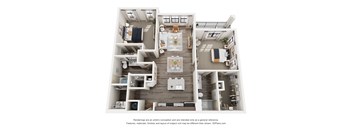A 3D floor plan of a house with a kitchen, living room, and bedrooms.