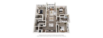 A 3D floor plan of a house with multiple rooms and furniture.