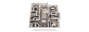 A 3D floor plan of a house with multiple rooms and furniture.
