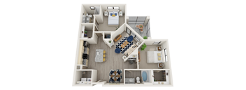 A top-down view of a small apartment with a kitchen, living room, and bathroom.