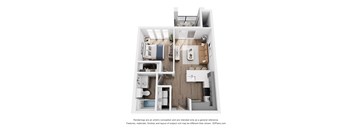 A 3D floor plan of a small apartment with a kitchen, living room, and bedroom.