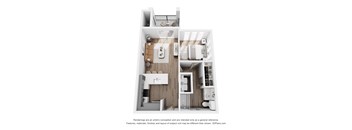 A 3D floor plan of a small apartment with a kitchen, living room, and bathroom.