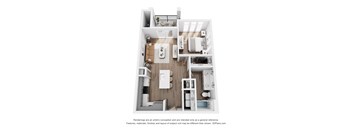 A 3D floor plan of a small apartment with a kitchen, living room, and bathroom.
