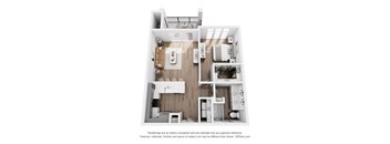 A 3D floor plan of a house with a kitchen, living room, and bathroom.