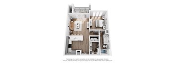 A 3D floor plan of a house with a kitchen, living room, and two bedrooms.