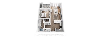 A 3D floor plan of a house with a kitchen, living room, and bathroom.