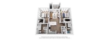 A 3D floor plan of a small apartment with a kitchen, living room, and bedrooms.