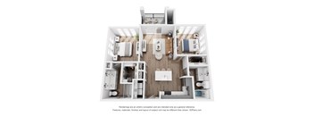 A 3D floor plan of a house with a kitchen, living room, and two bedrooms.