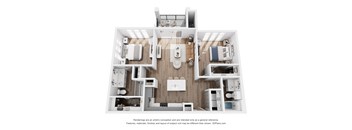 A 3D floor plan of a house with a kitchen, living room, and two bedrooms.