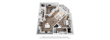 A 3D floor plan of a small apartment with a kitchen, living room, and bathroom.