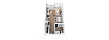 A 3D floor plan of a small apartment with a kitchen, living room, and bathroom.