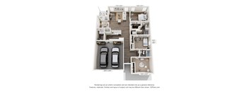 A floor plan of a two-bedroom apartment with a garage for two cars.
