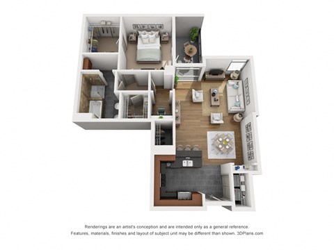 a stylized floor plan with a bedroom and living room