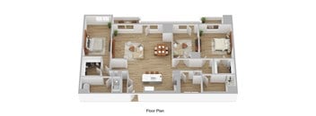 A floor plan of a house with a living room, dining room, kitchen, and bedrooms.