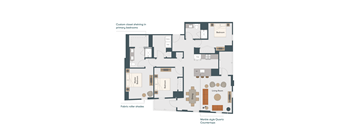 A floor plan of a Marble style Quartz Countertops apartment with a living room, dining room, kitchen, and bathrooms.