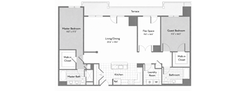 A floor plan of a house with a master bedroom, a guest bedroom, a living/dining area, a kitchen, a laundry room, a bathroom, and two walk-in closets.