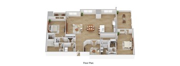 A floor plan of a house with a living room, dining room, kitchen, and bedrooms.