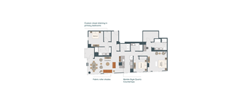 A floor plan of an apartment with a living room, two bedrooms, a kitchen, and a dining area.