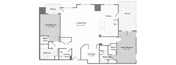 A floor plan of a house with a guest bedroom, laundry room, and a terrace.