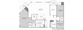 A floor plan of a house with a terrace, two master bedrooms, a guest bedroom, and a living/dining area.