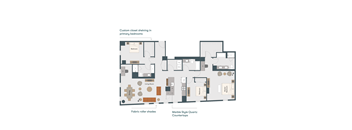A floor plan of a house with a living room, dining room, kitchen, and two bedrooms.