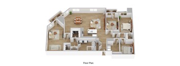 A floor plan of a house with a living room, dining room, kitchen, and bedrooms.