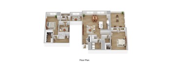 A floor plan of a house with two bedrooms, two bathrooms, a living room, a kitchen, and a dining room.