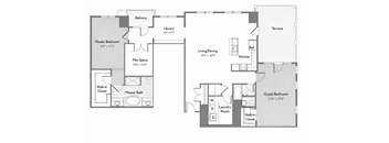 A floor plan of a house with a master bedroom, a library, and a guest bedroom.
