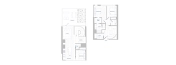 A floor plan of a house with a living room, dining room, kitchen, and two bedrooms.