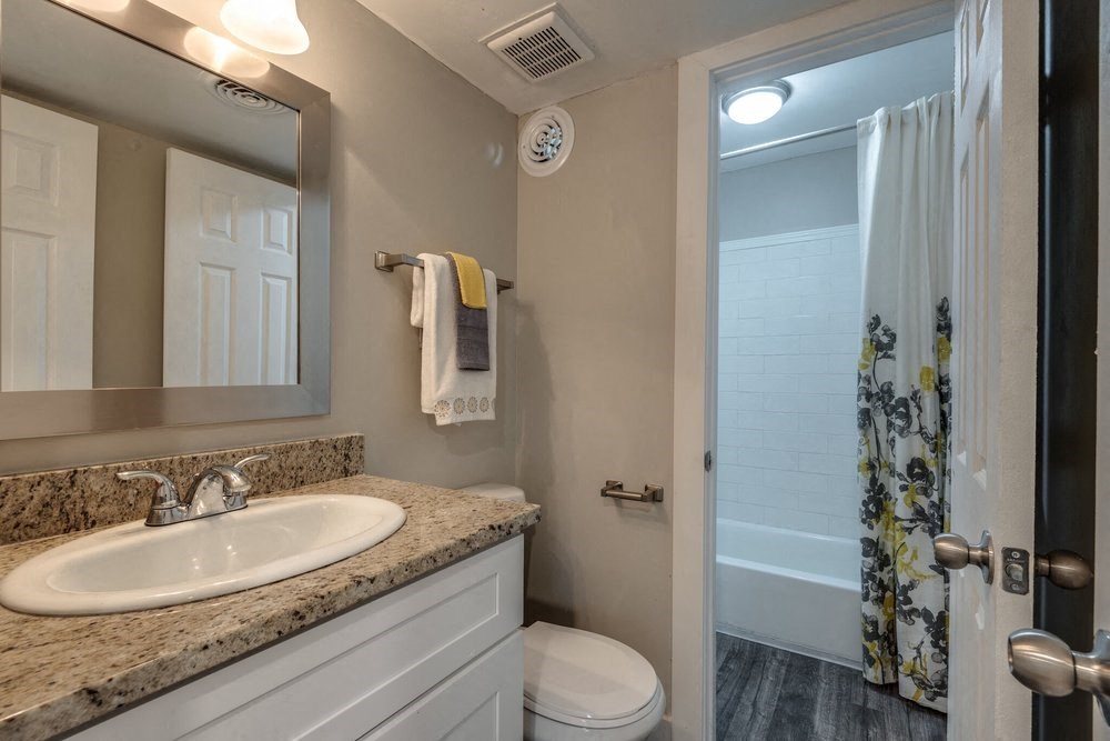 a bathroom with a sink and a toilet and a shower