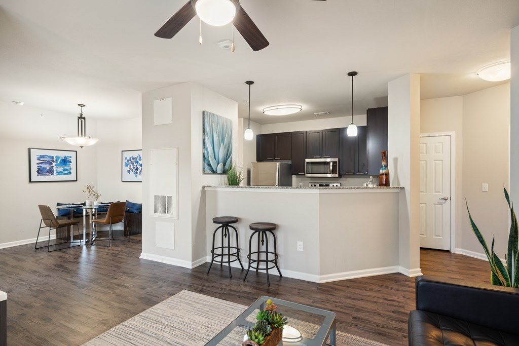 A modern open plan living and kitchen area with a bar.